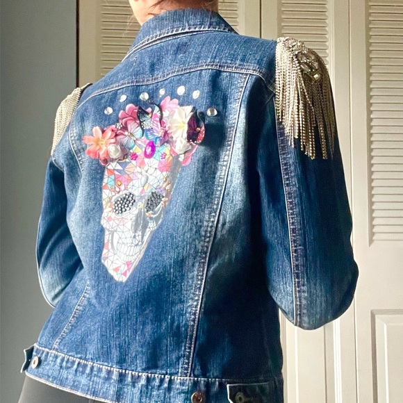 Custom Embellished Jacket with Rhinestone Epaulettes, Skull Design & Flowers - Picture 6 of 11
